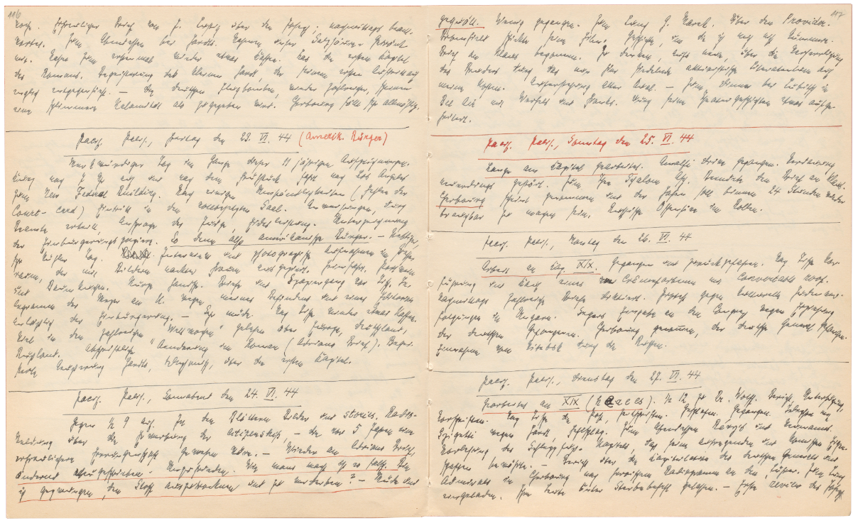 Manuskript des Tagebucheintrags von Thomas Mann, 23.6.1944, mit Markierungen