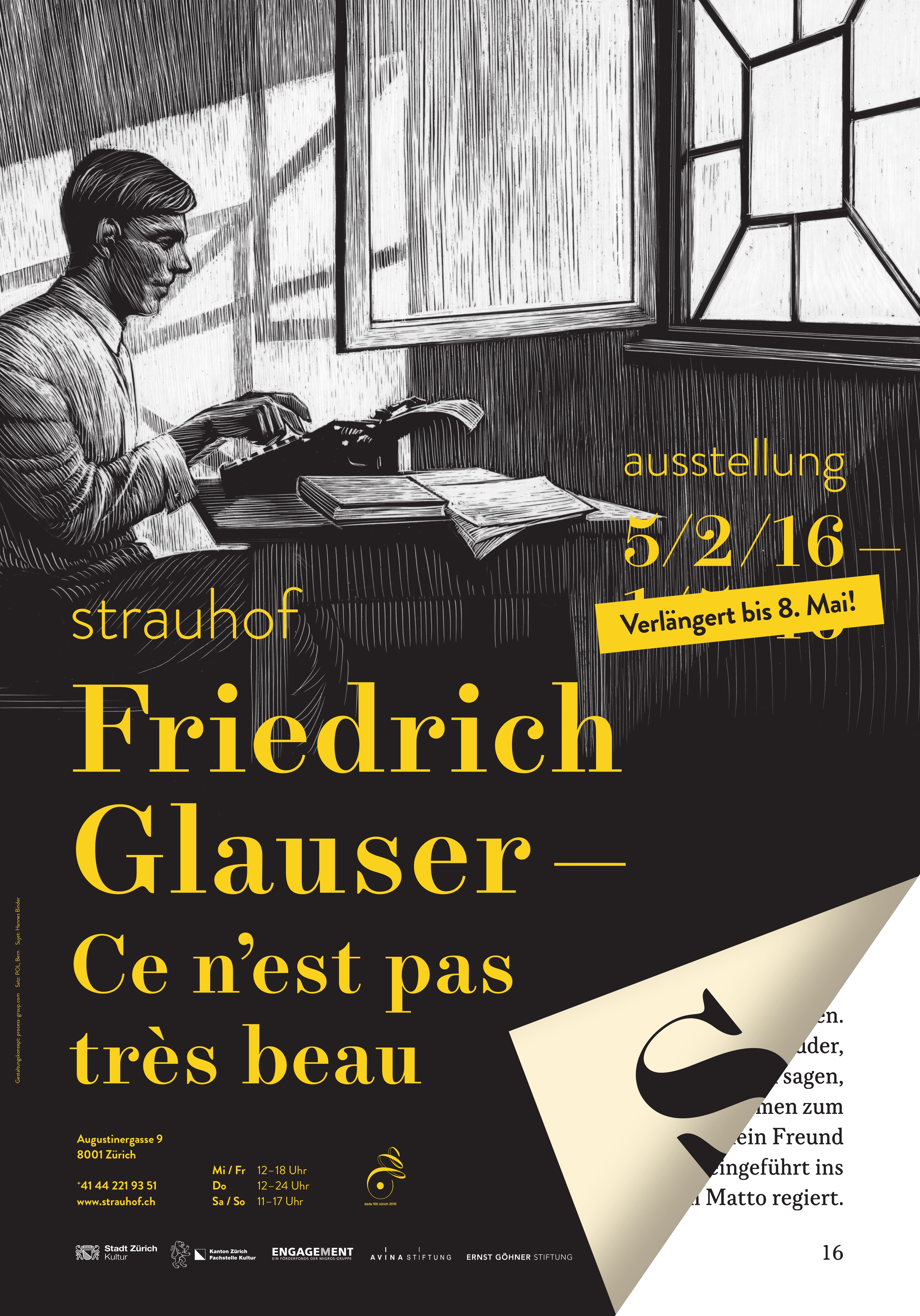Plakat zur Ausstellung «Friedrich Glauser» 2016 im Strauhof