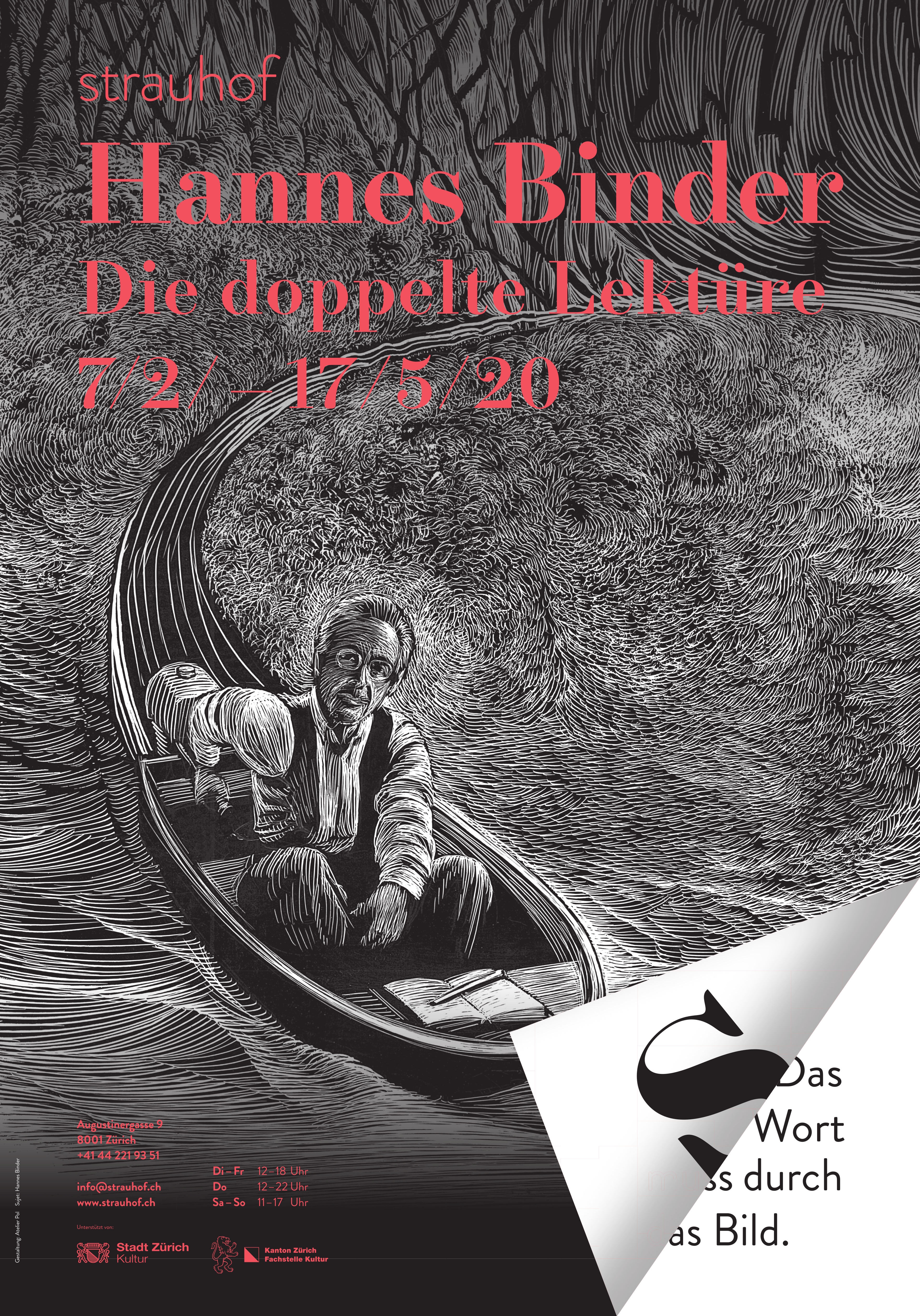 Plakat zur Ausstellung «Hannes Binder – Die doppelte Lektüre» 2020 im Strauhof